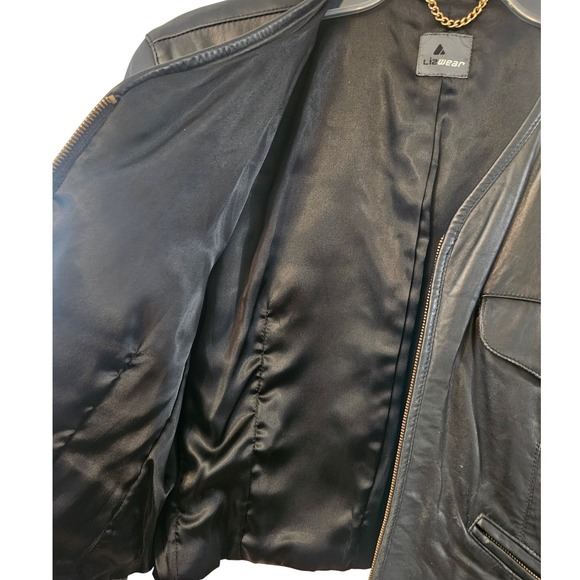 Lizwear Womens Black Leather Jacket Collarless Zip Front Gold Hardware Size M - Picture 6 of 11